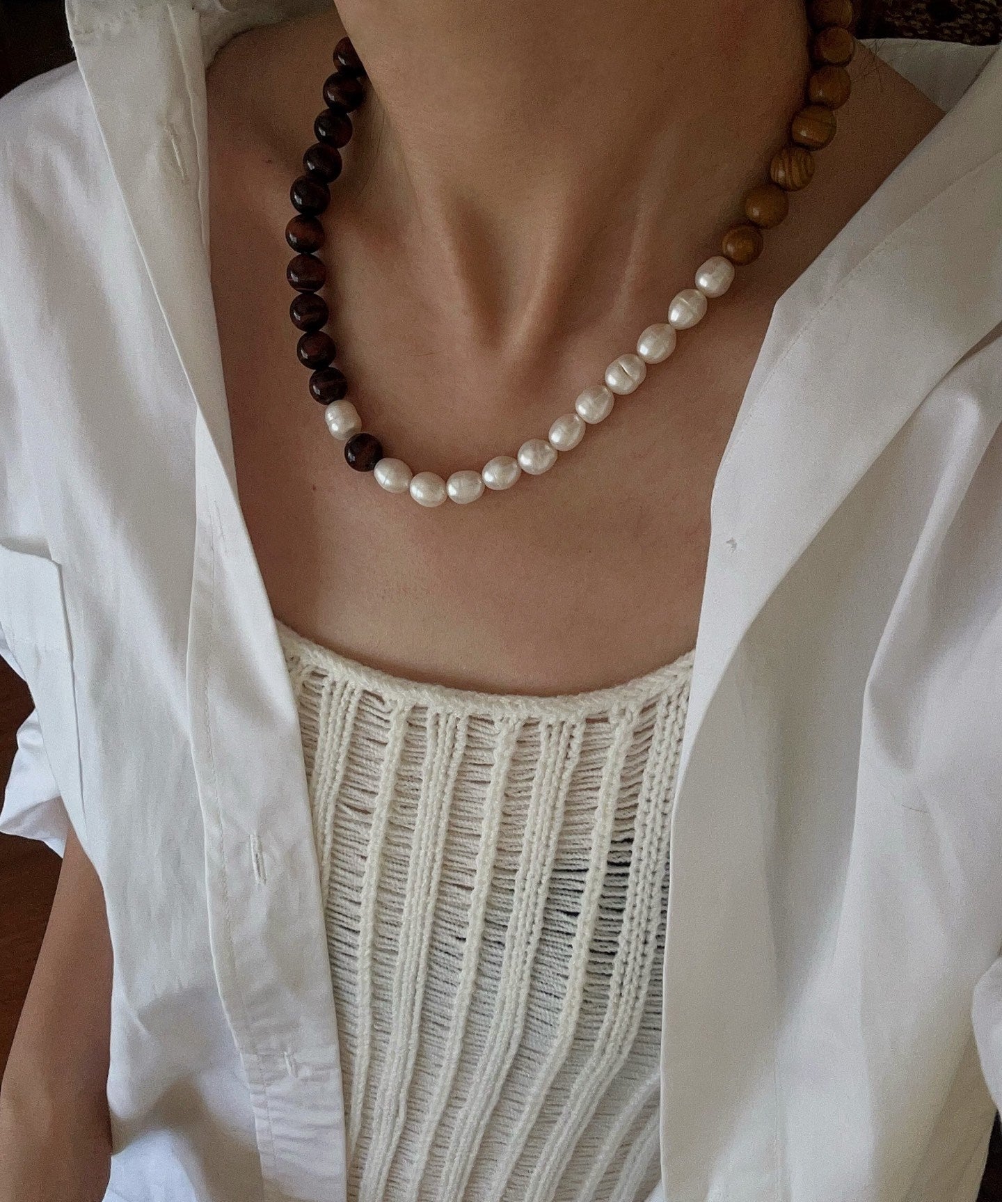 Autumn Whisper Natural Pearl & Red Tiger Eye & Wood Grain Stone Necklace - floysun