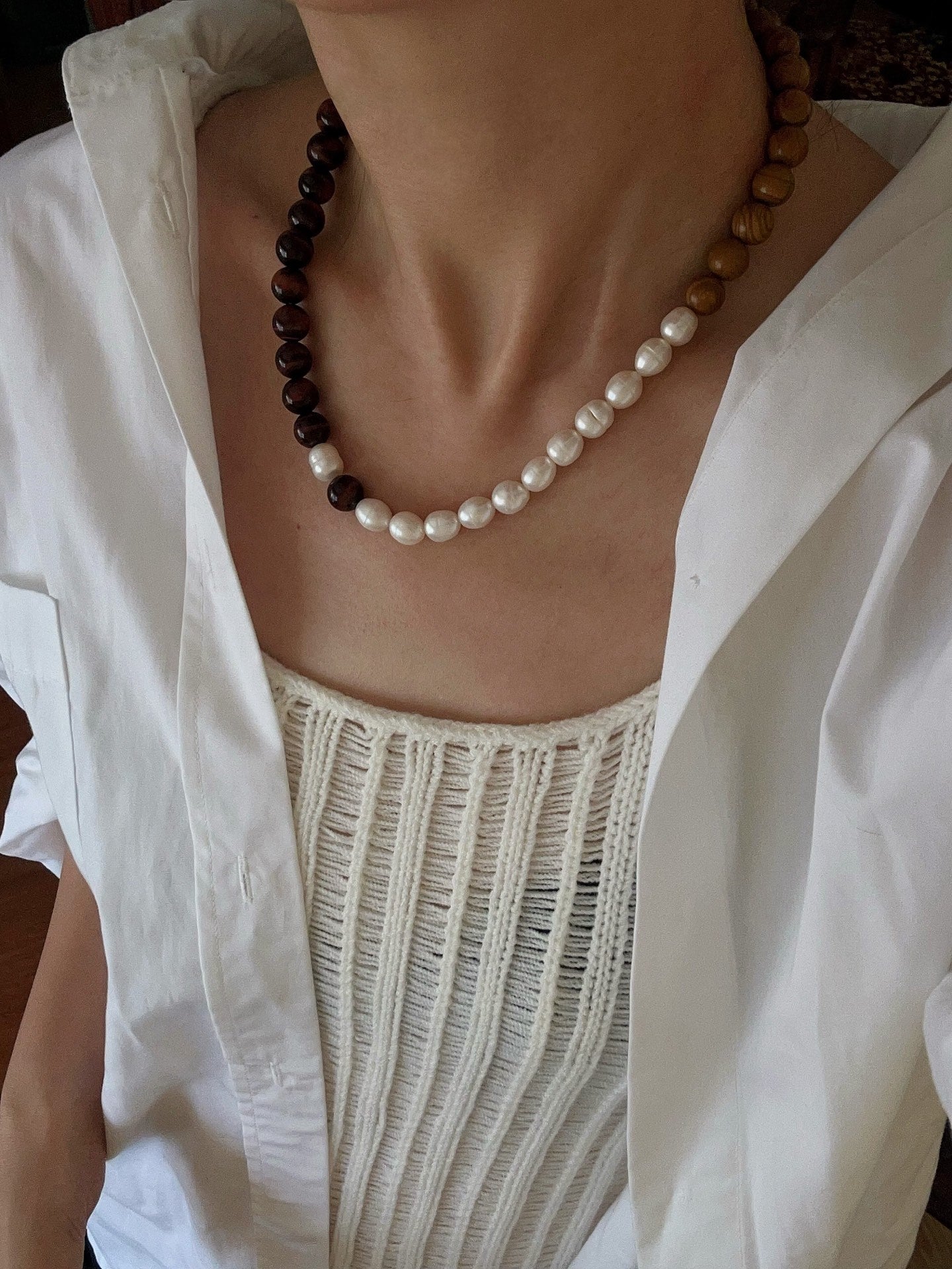 Autumn Whisper Natural Pearl & Red Tiger Eye & Wood Grain Stone Necklace - floysun