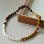 Autumn Whisper Natural Pearl & Red Tiger Eye & Wood Grain Stone Necklace - floysun