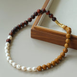 Autumn Whisper Natural Pearl & Red Tiger Eye & Wood Grain Stone Necklace - floysun