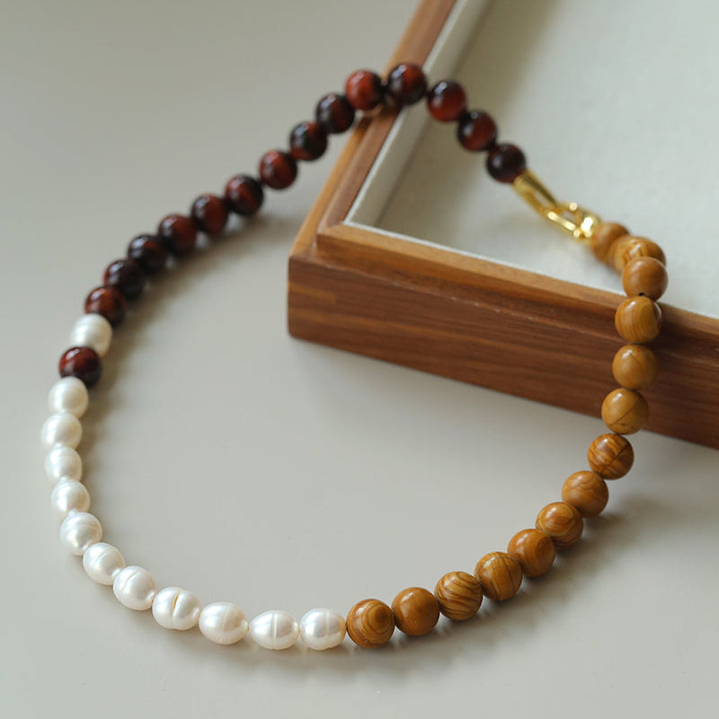 Autumn Whisper Natural Pearl & Red Tiger Eye & Wood Grain Stone Necklace - floysun