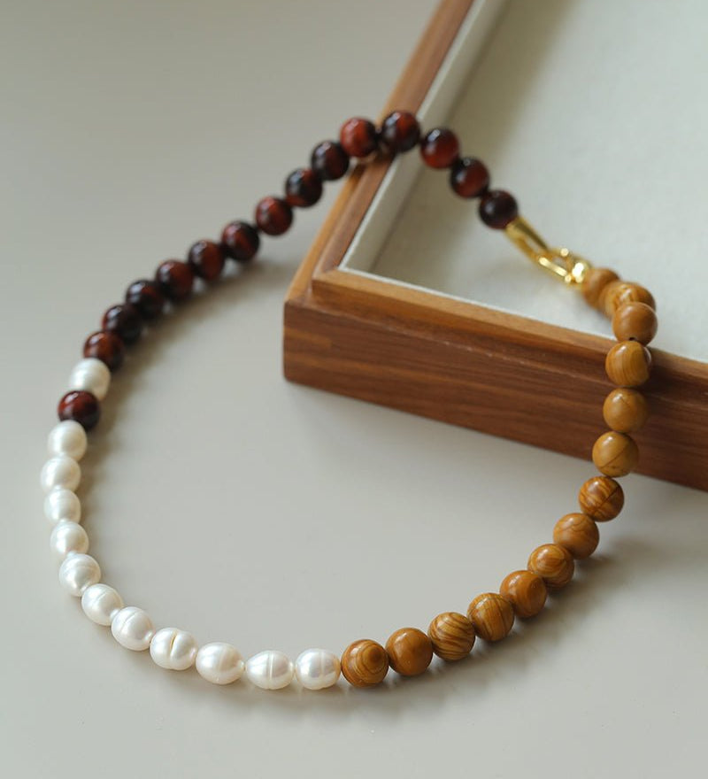 Autumn Whisper Natural Pearl & Red Tiger Eye & Wood Grain Stone Necklace - floysun