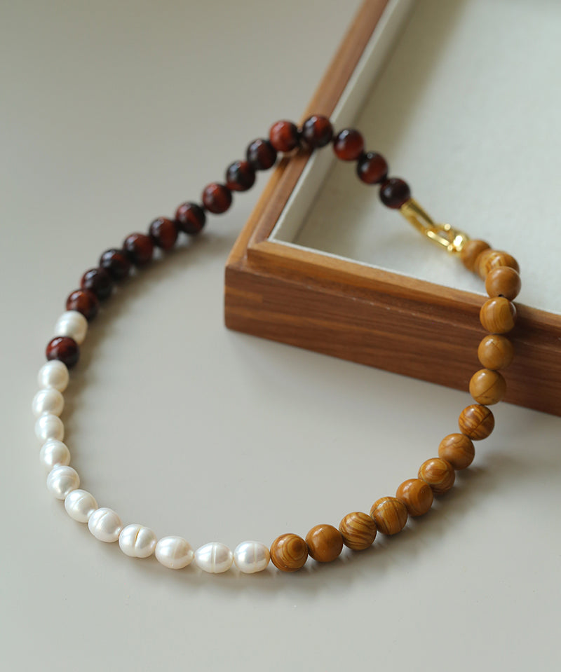 Autumn Whisper Natural Pearl & Red Tiger Eye & Wood Grain Stone Necklace - floysun