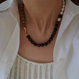 Autumn Whisper Natural Pearl & Red Tiger Eye & Wood Grain Stone Necklace - floysun
