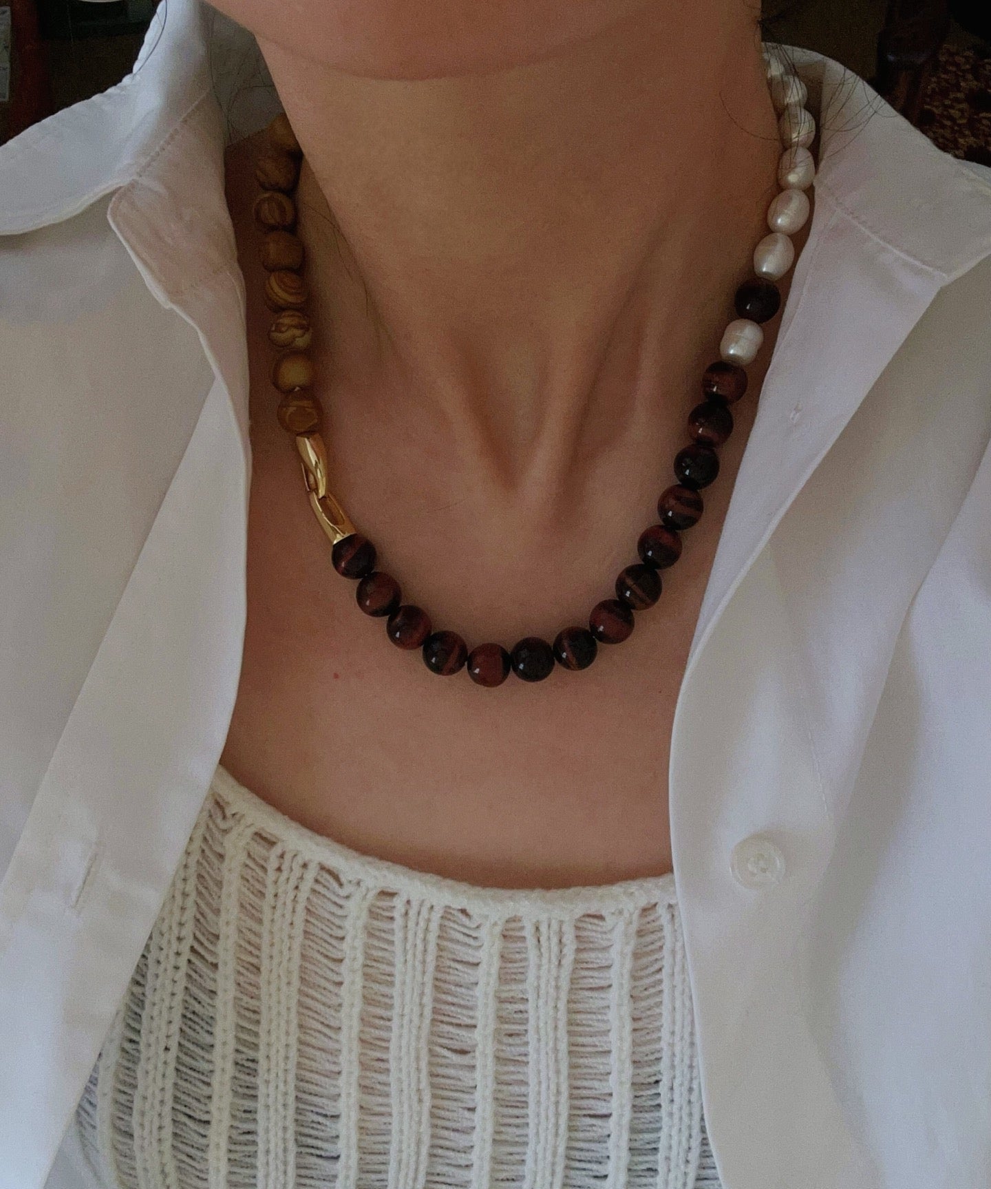 Autumn Whisper Natural Pearl & Red Tiger Eye & Wood Grain Stone Necklace - floysun