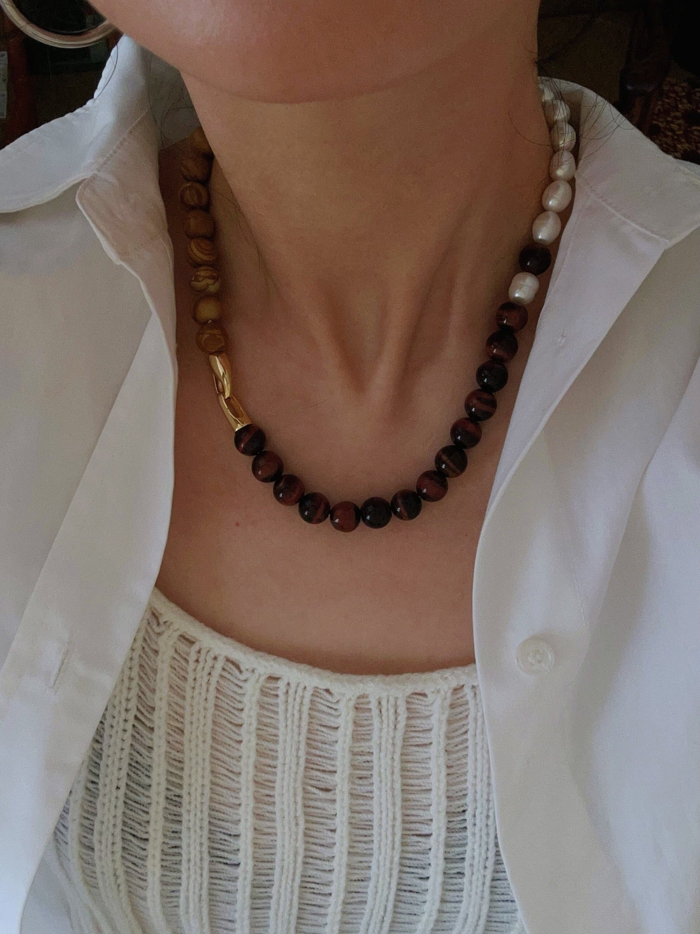 Autumn Whisper Natural Pearl & Red Tiger Eye & Wood Grain Stone Necklace - floysun