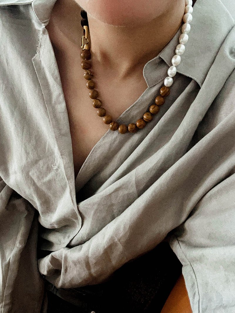 Autumn Whisper Natural Pearl & Red Tiger Eye & Wood Grain Stone Necklace - floysun