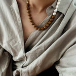 Autumn Whisper Natural Pearl & Red Tiger Eye & Wood Grain Stone Necklace - floysun