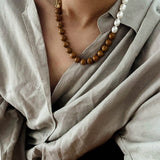 Autumn Whisper Natural Pearl & Red Tiger Eye & Wood Grain Stone Necklace - floysun