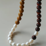 Autumn Whisper Natural Pearl & Red Tiger Eye & Wood Grain Stone Necklace - floysun