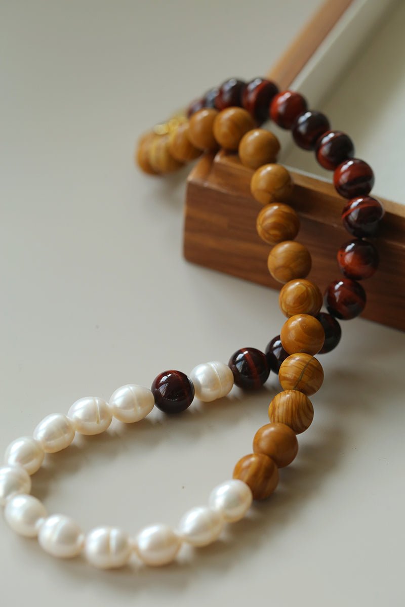 Autumn Whisper Natural Pearl & Red Tiger Eye & Wood Grain Stone Necklace - floysun