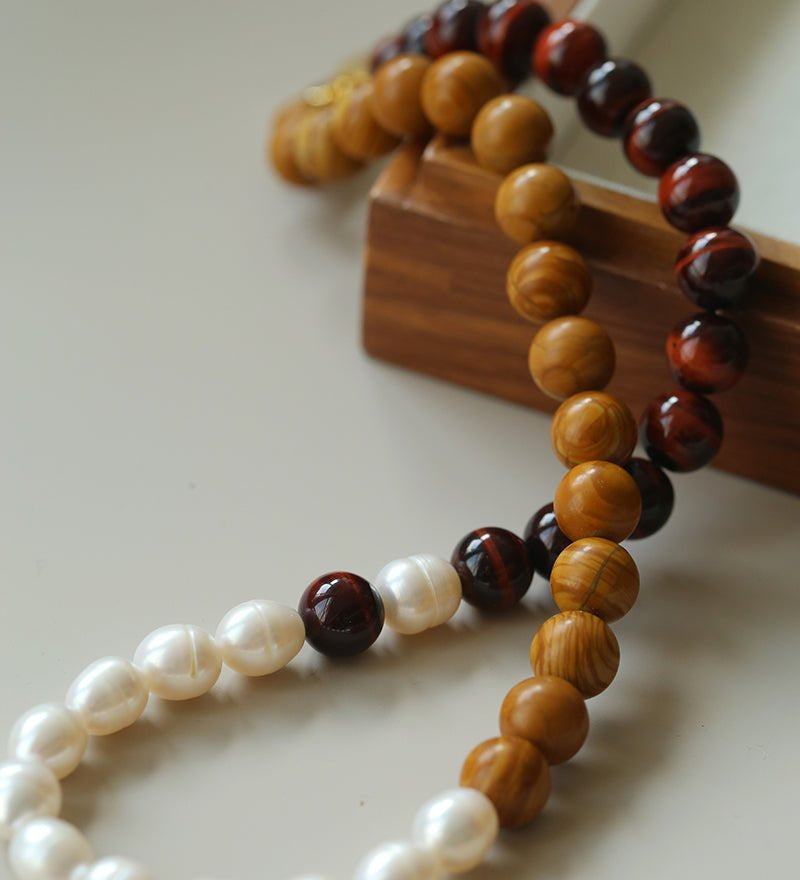 Autumn Whisper Natural Pearl & Red Tiger Eye & Wood Grain Stone Necklace - floysun