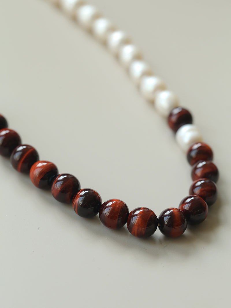 Autumn Whisper Natural Pearl & Red Tiger Eye & Wood Grain Stone Necklace - floysun