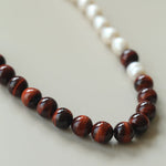 Autumn Whisper Natural Pearl & Red Tiger Eye & Wood Grain Stone Necklace - floysun