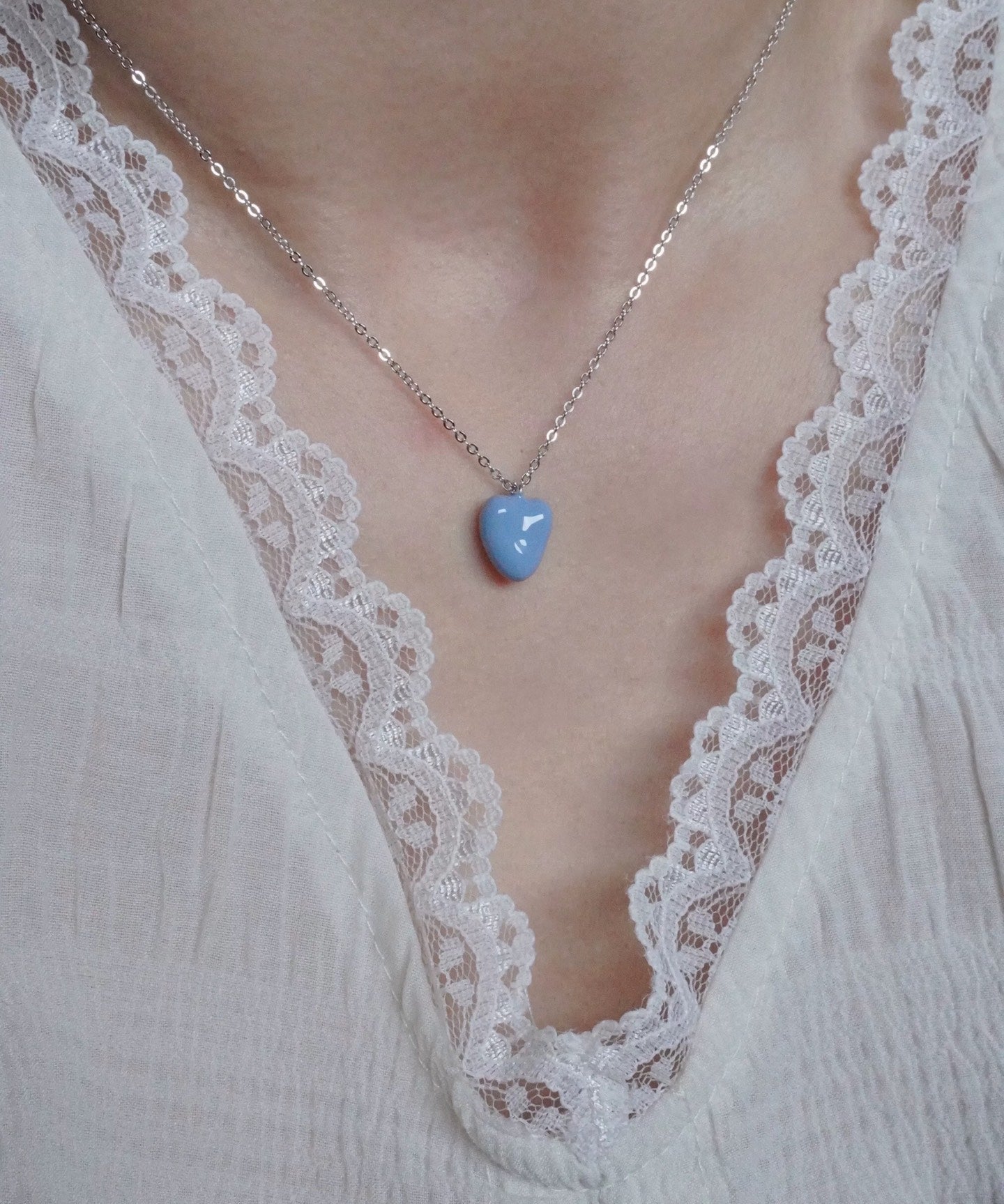 Baby Blue Enamel Heart Pendant Necklace - floysun