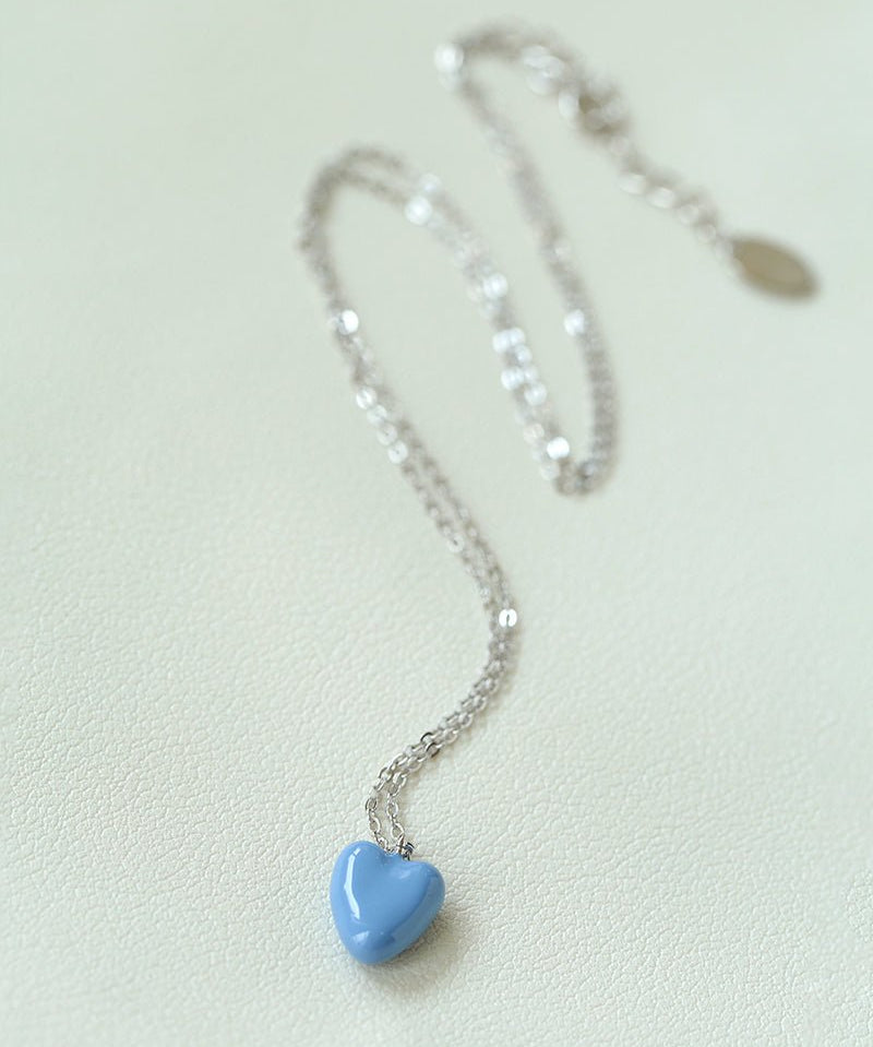 Baby Blue Enamel Heart Pendant Necklace - floysun