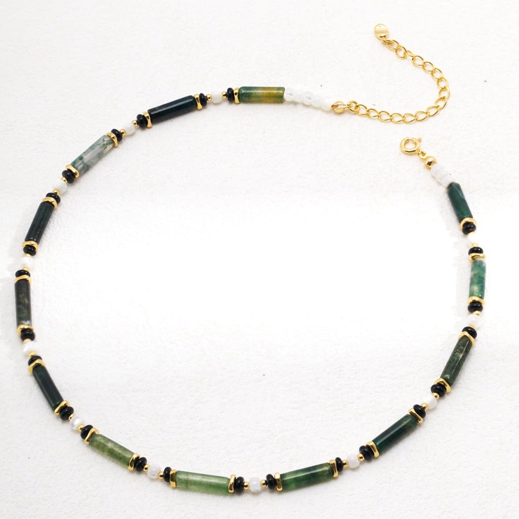 Bamboo Tube Green Agate and Flat Black Agate Spliced White Shell Necklace - floysun