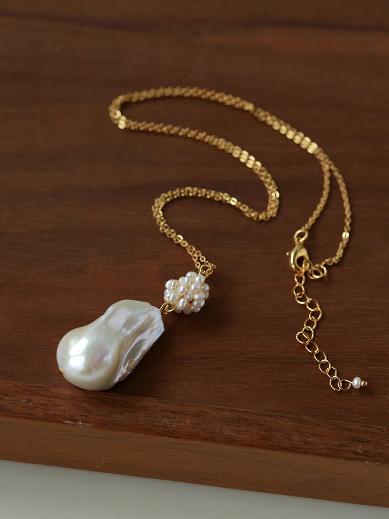 Baroque Pearl Floral Pendant Necklace | French Elegant Gold Chain - floysun