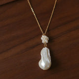 Baroque Pearl Floral Pendant Necklace | French Elegant Gold Chain - floysun
