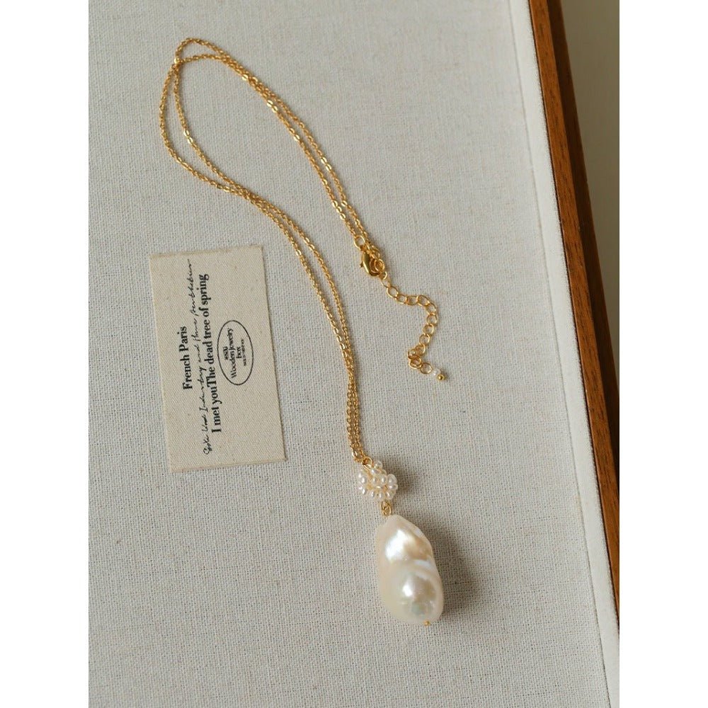 Baroque Pearl Floral Pendant Necklace | French Elegant Gold Chain - floysun