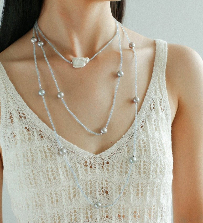 Baroque Pearl Pendant Aquamarine Beaded Necklace - floysun