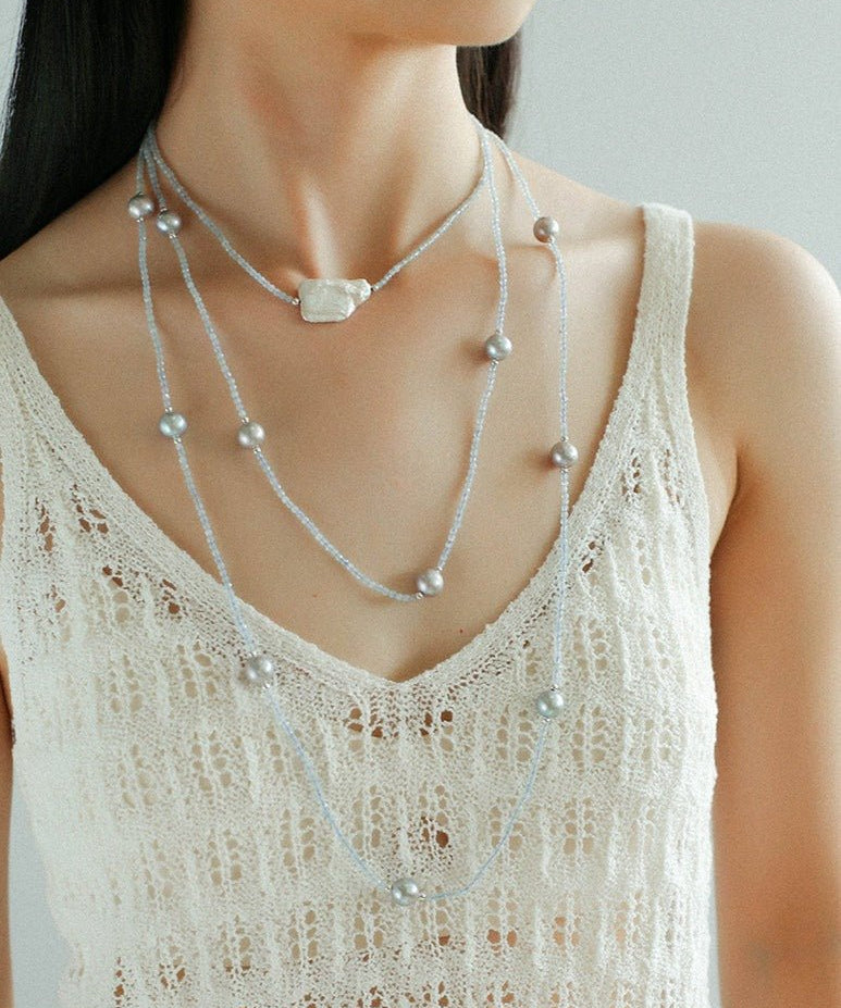 Baroque Pearl Pendant Aquamarine Beaded Necklace - floysun