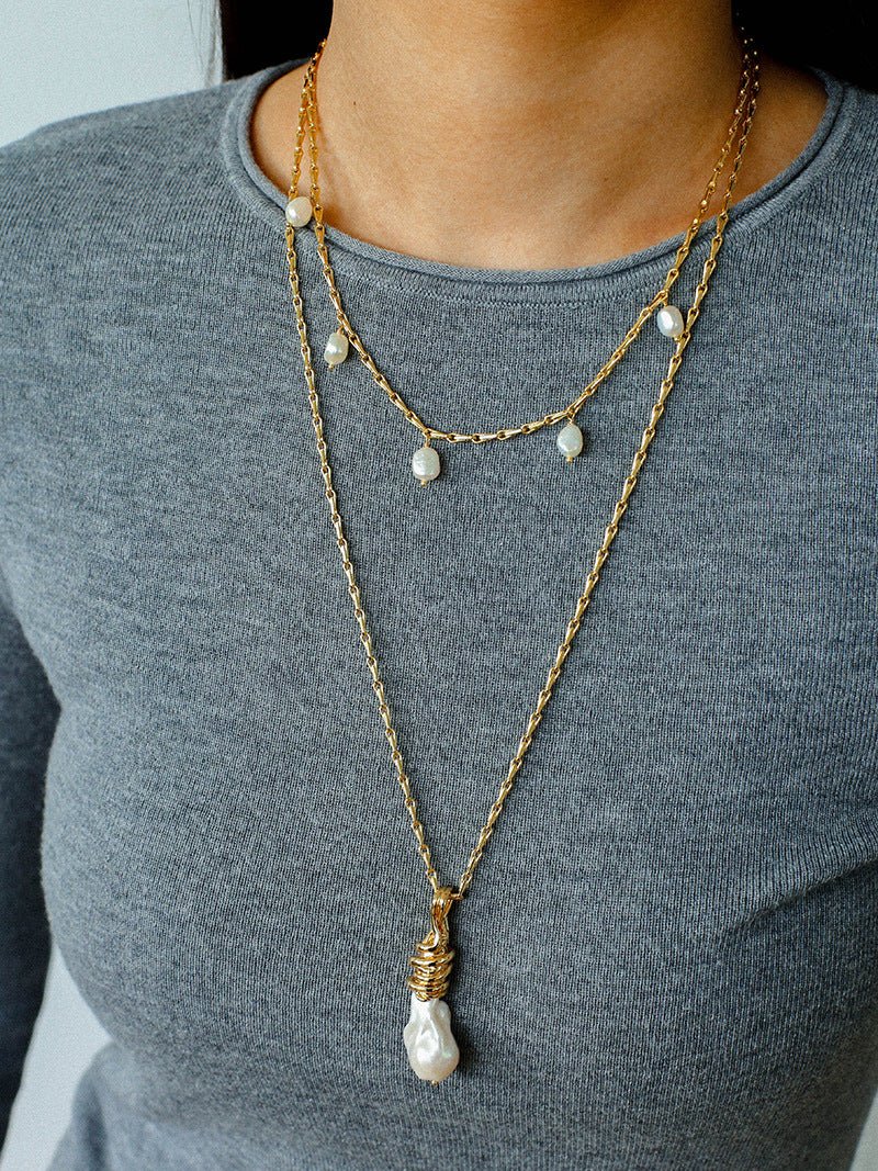 Baroque Pearl Pendant Chain Necklace - floysun