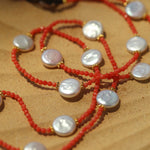 Baroque Pearl & Red Faceted Gem Beaded Long Necklace - floysun