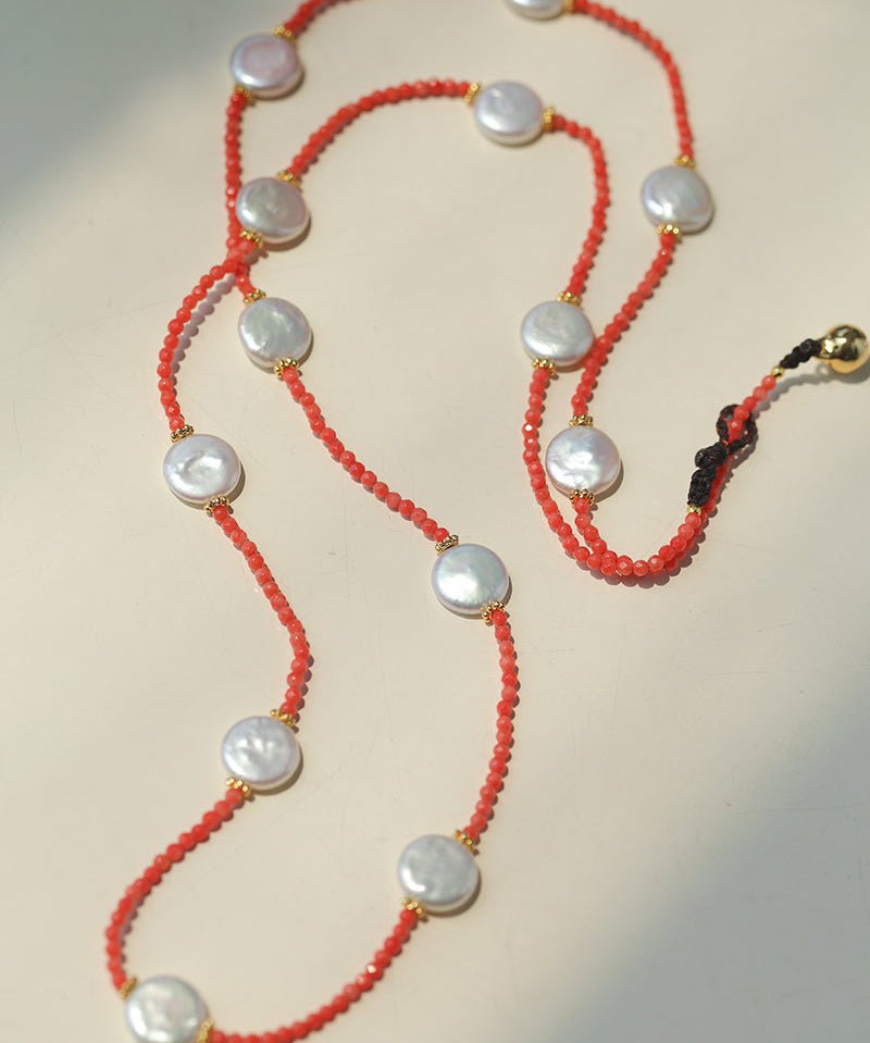 Baroque Pearl & Red Faceted Gem Beaded Long Necklace - floysun