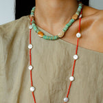 Baroque Pearl & Red Faceted Gem Beaded Long Necklace - floysun