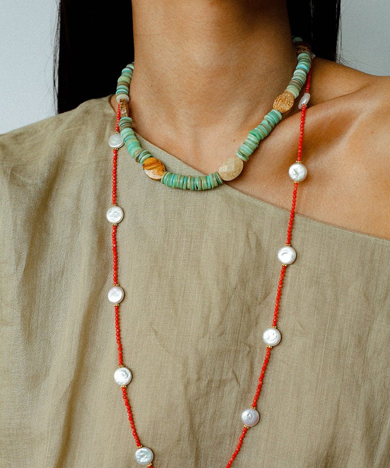 Baroque Pearl & Red Faceted Gem Beaded Long Necklace - floysun