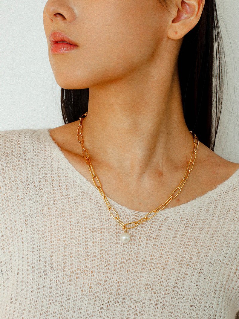 Baroque Pearl Toggle Necklace | Minimal Gold Chain Statement Piece - floysun