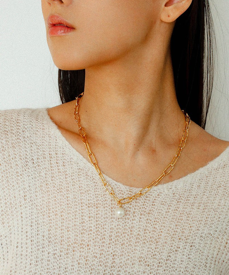 Baroque Pearl Toggle Necklace | Minimal Gold Chain Statement Piece - floysun