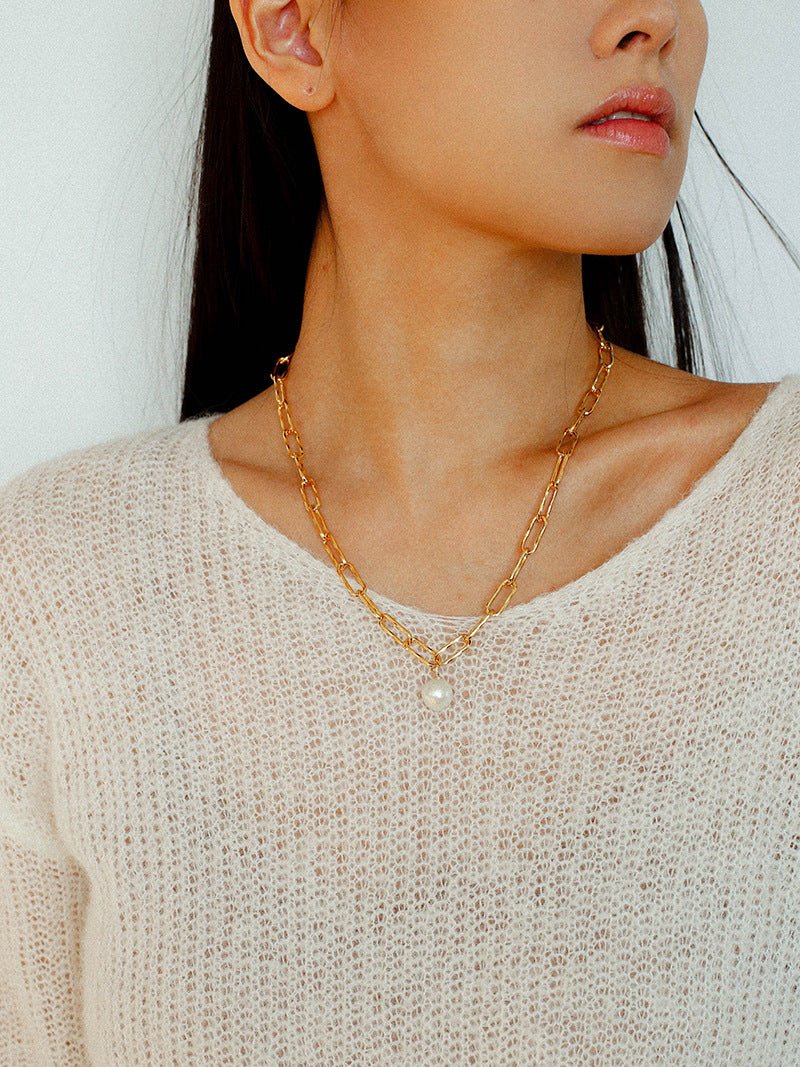 Baroque Pearl Toggle Necklace | Minimal Gold Chain Statement Piece - floysun