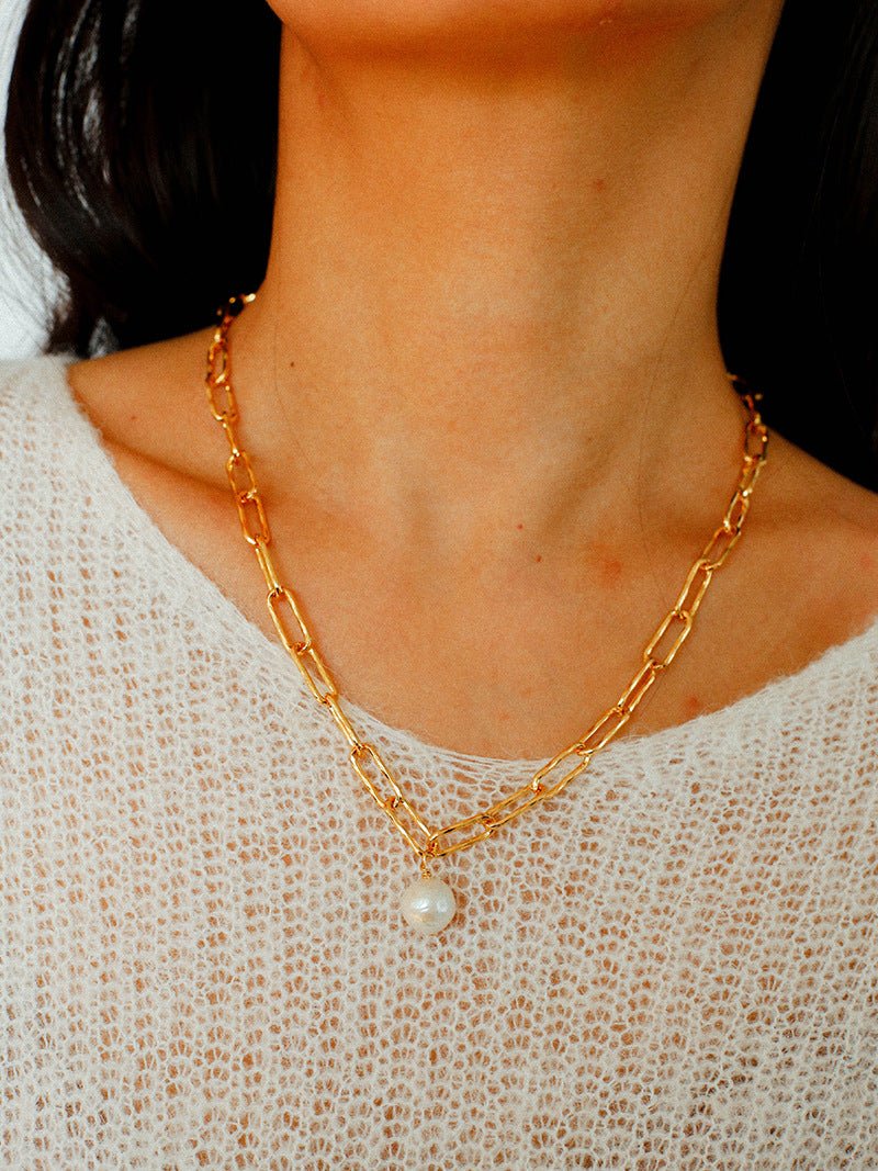 Baroque Pearl Toggle Necklace | Minimal Gold Chain Statement Piece - floysun