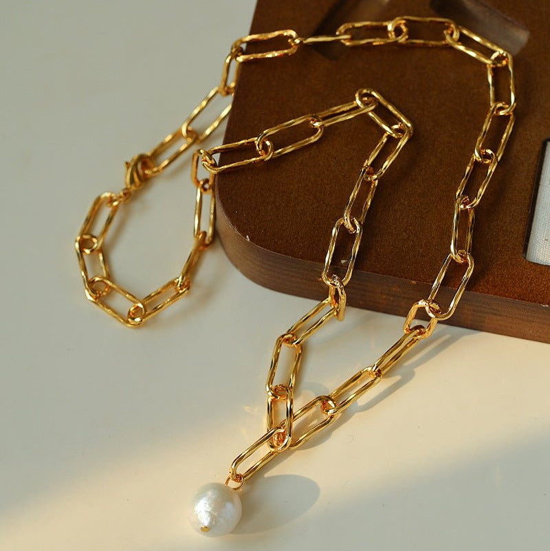 Baroque Pearl Toggle Necklace | Minimal Gold Chain Statement Piece - floysun