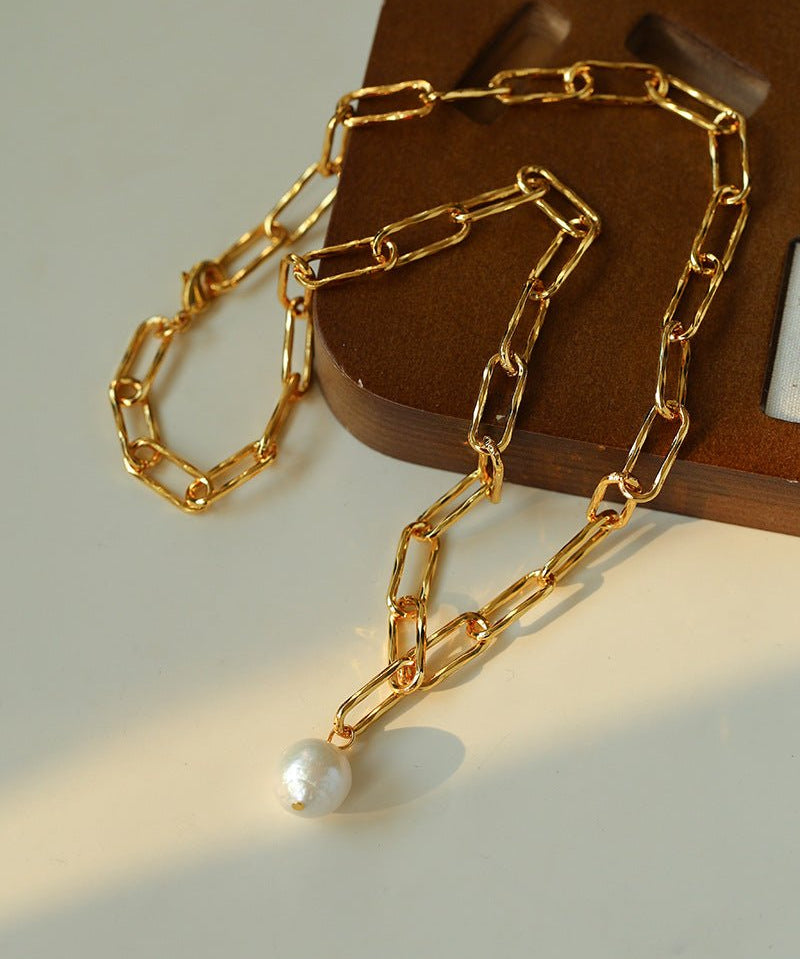 Baroque Pearl Toggle Necklace | Minimal Gold Chain Statement Piece - floysun