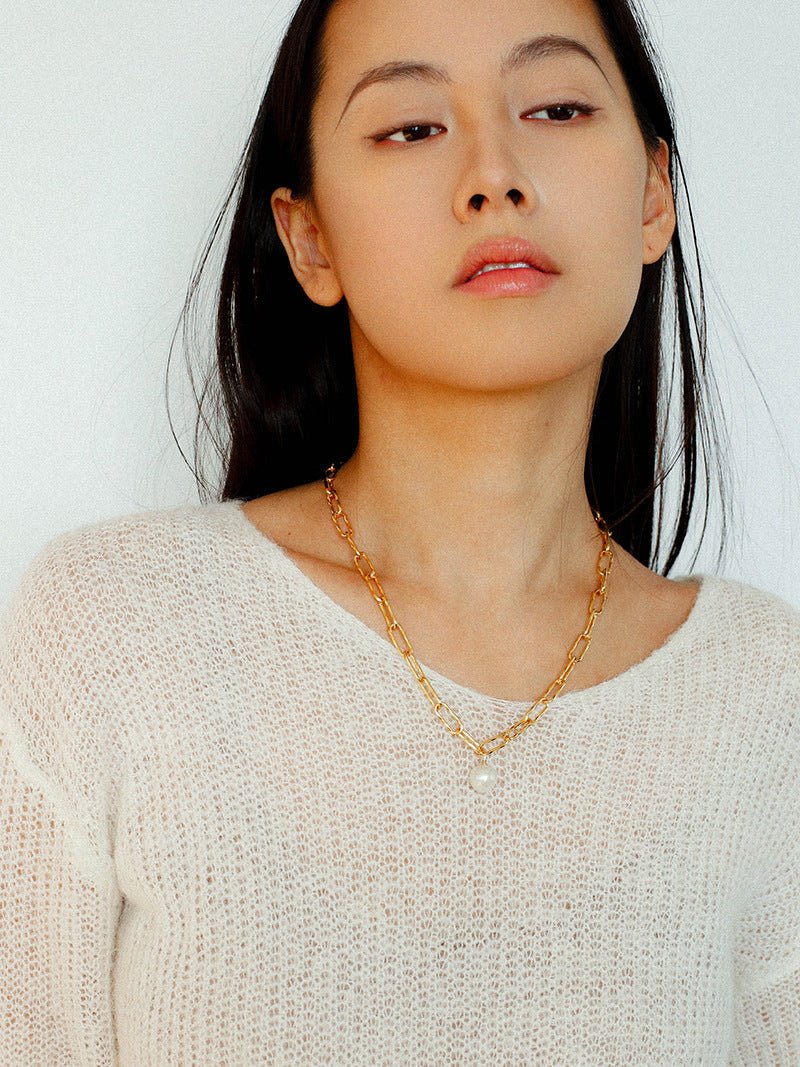 Baroque Pearl Toggle Necklace | Minimal Gold Chain Statement Piece - floysun