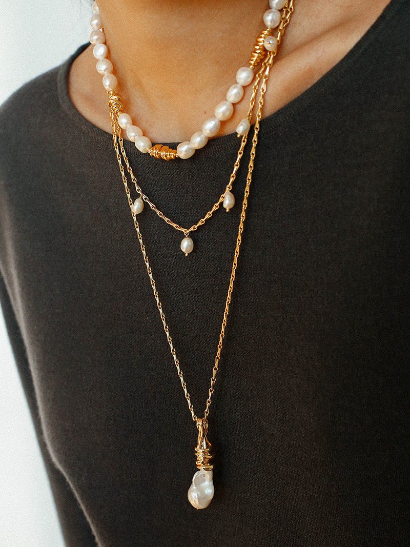 Baroque Pearl Twisted Metal Chain Necklace - Long - floysun