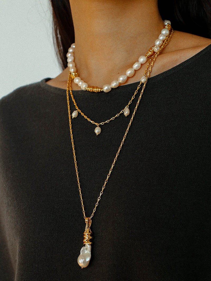 Baroque Pearl Twisted Metal Chain Necklace - Long - floysun