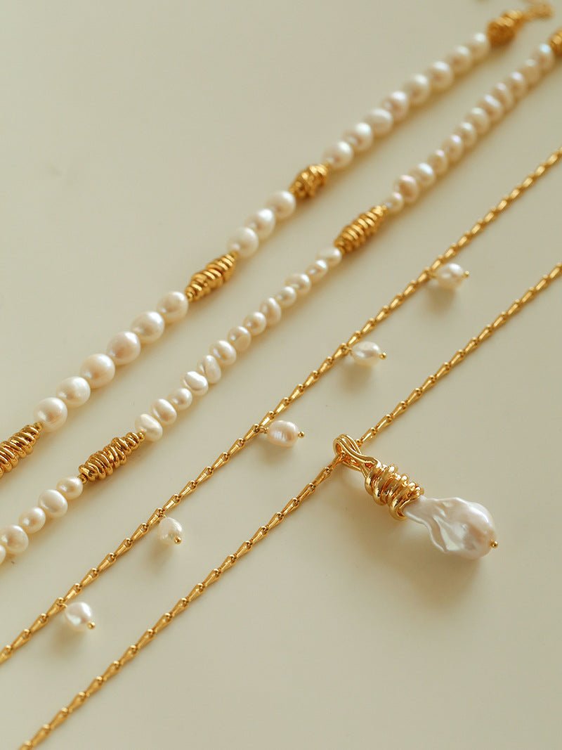 Baroque Pearl Twisted Metal Chain Necklace - Long - floysun