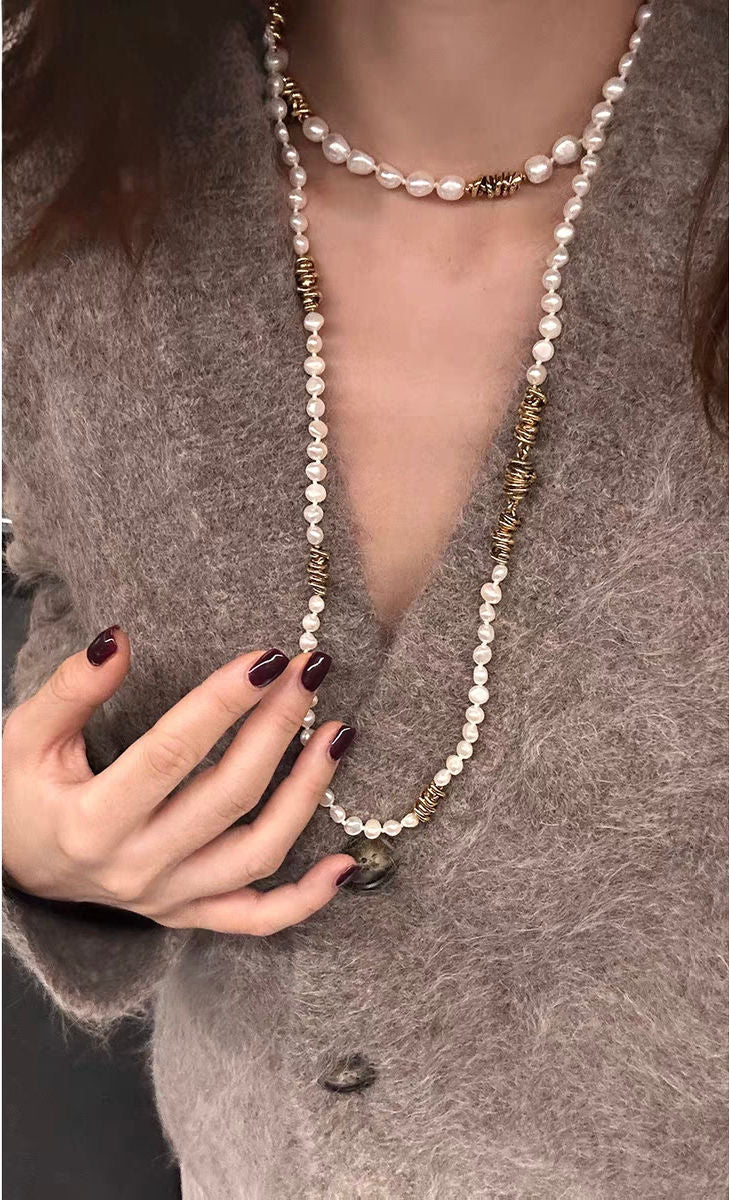 Baroque Pearl Twisted Metal Chain Necklace - Long - floysun