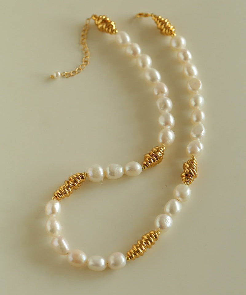 Baroque Pearl Twisted Metal Chain Necklace - Short - floysun