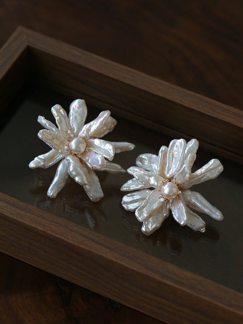 Baroque Toothpick Pearl Flower Statement Earrings - floysun