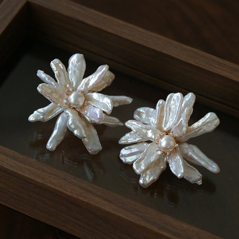 Baroque Toothpick Pearl Flower Statement Earrings - floysun