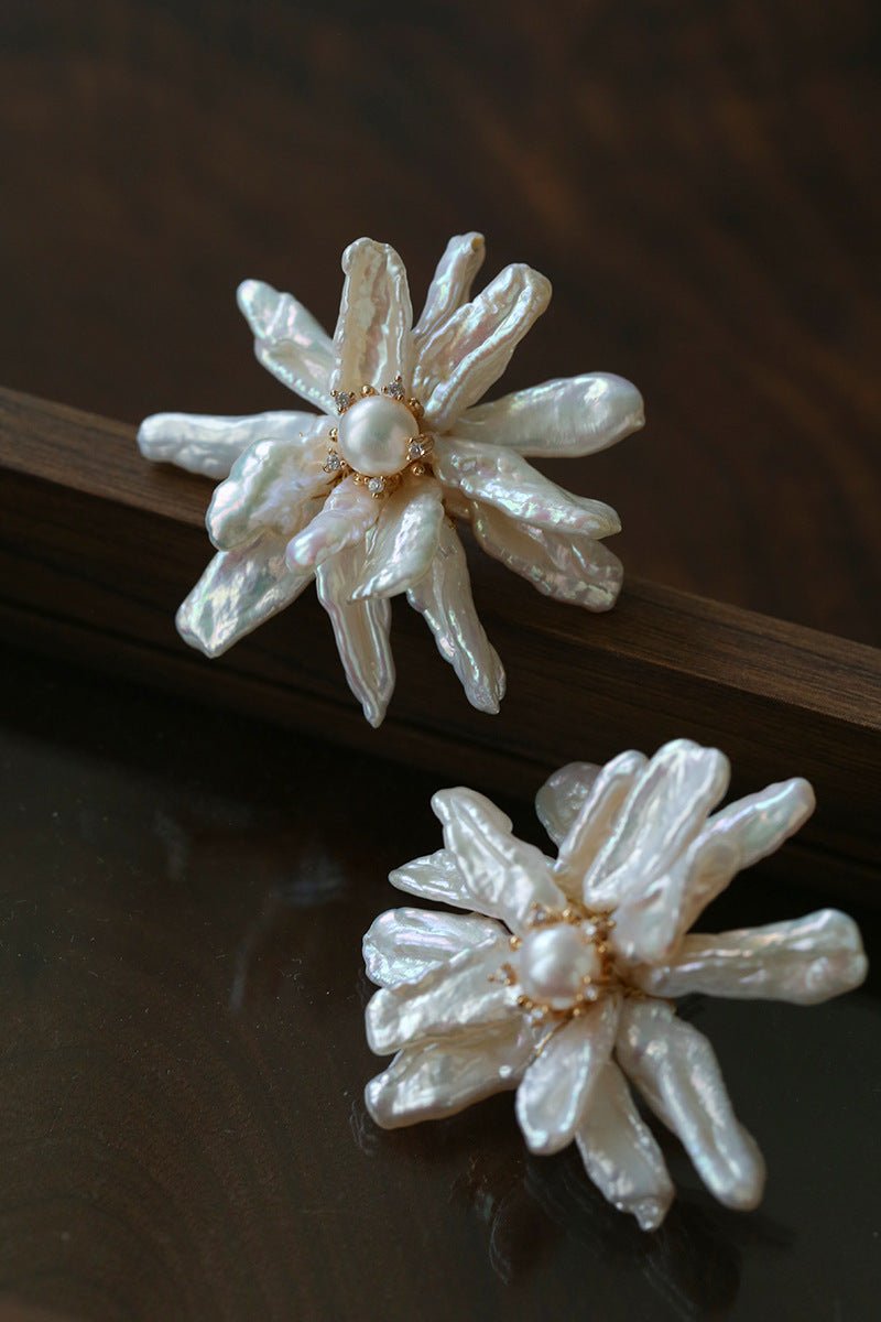 Baroque Toothpick Pearl Flower Statement Earrings - floysun