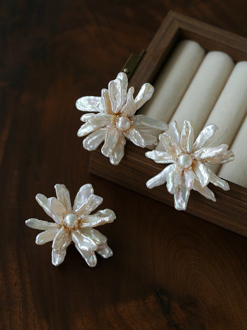 Baroque Toothpick Pearl Flower Statement Earrings - floysun
