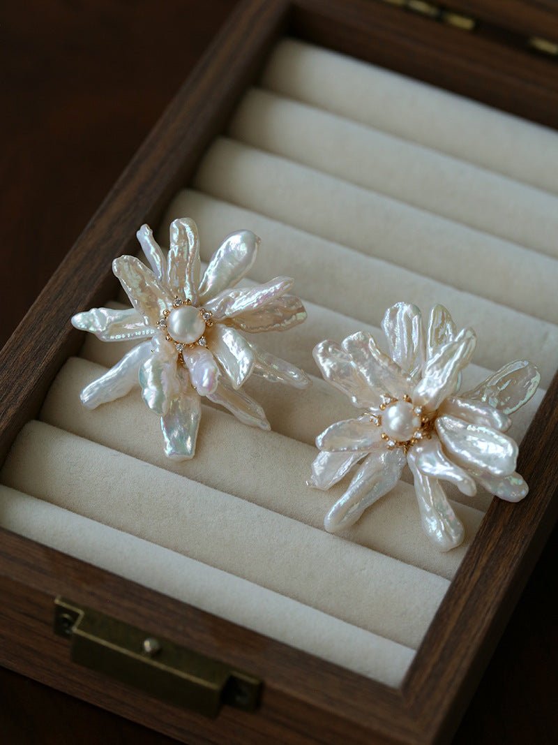 Baroque Toothpick Pearl Flower Statement Earrings - floysun