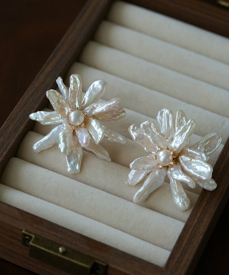 Baroque Toothpick Pearl Flower Statement Earrings - floysun