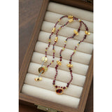 Natural Multi-Colored Stones and Garnet Beads Oval Pendant Necklace